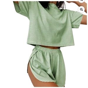 Split Short Striped Green Crop Top and Shorts Pajama Set